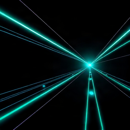 Neon teal light trails converging on a single bright point against black